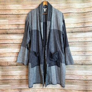 Eileen Fisher Colorblock Patchwork Fringe Open Front Lagenlook Jacket Size L/XL